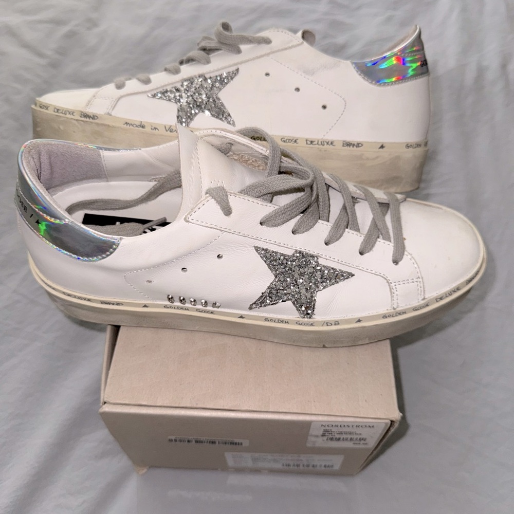 Golden Goose White Leather Hi Star Sparkly Star Mirror Holographic Heel Shoes 40